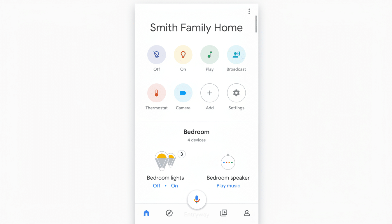 A screenshot of the Google Home app interface, showing controls for Smith Family Home and Bedroom devices.