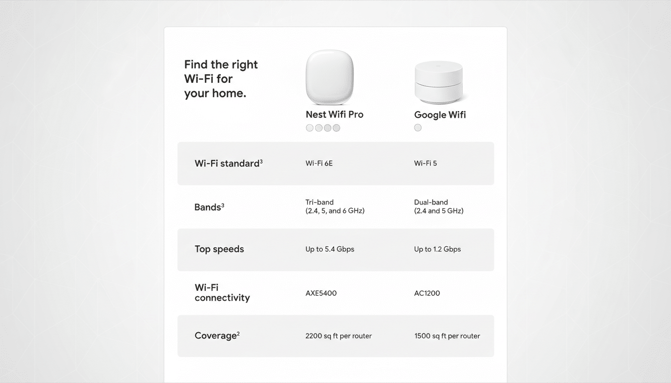 A comparison chart for Nest Wifi Pro and Google Wifi, detailing Wi-Fi standard, bands, top speeds, Wi-Fi connectivity, and coverage.