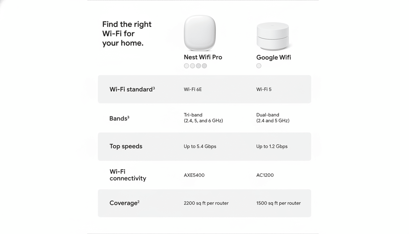 A comparison chart for Nest Wifi Pro and Google Wifi, detailing Wi-Fi standard, bands, top speeds, Wi-Fi connectivity, and coverage.
