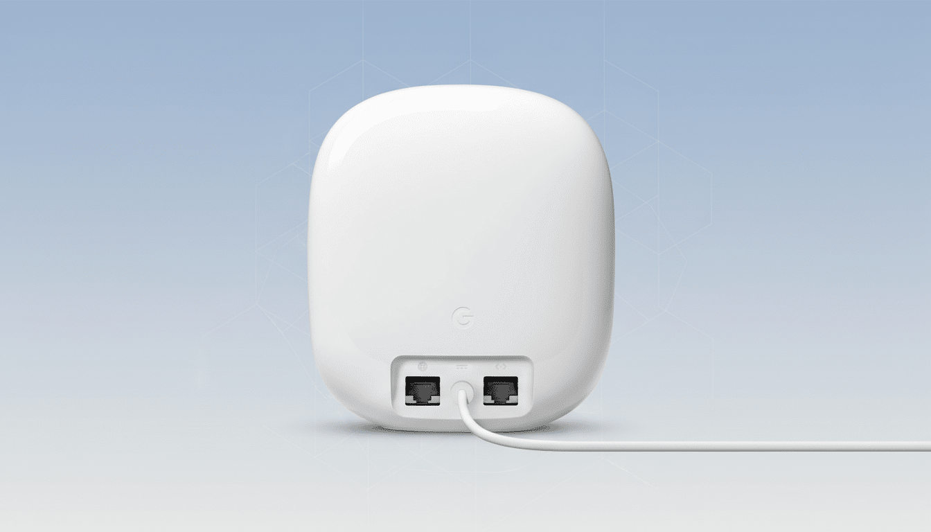 A white Google Nest Wifi router, viewed from the back, with two Ethernet ports and a power port, against a professional light blue background with subtle geometric patterns.