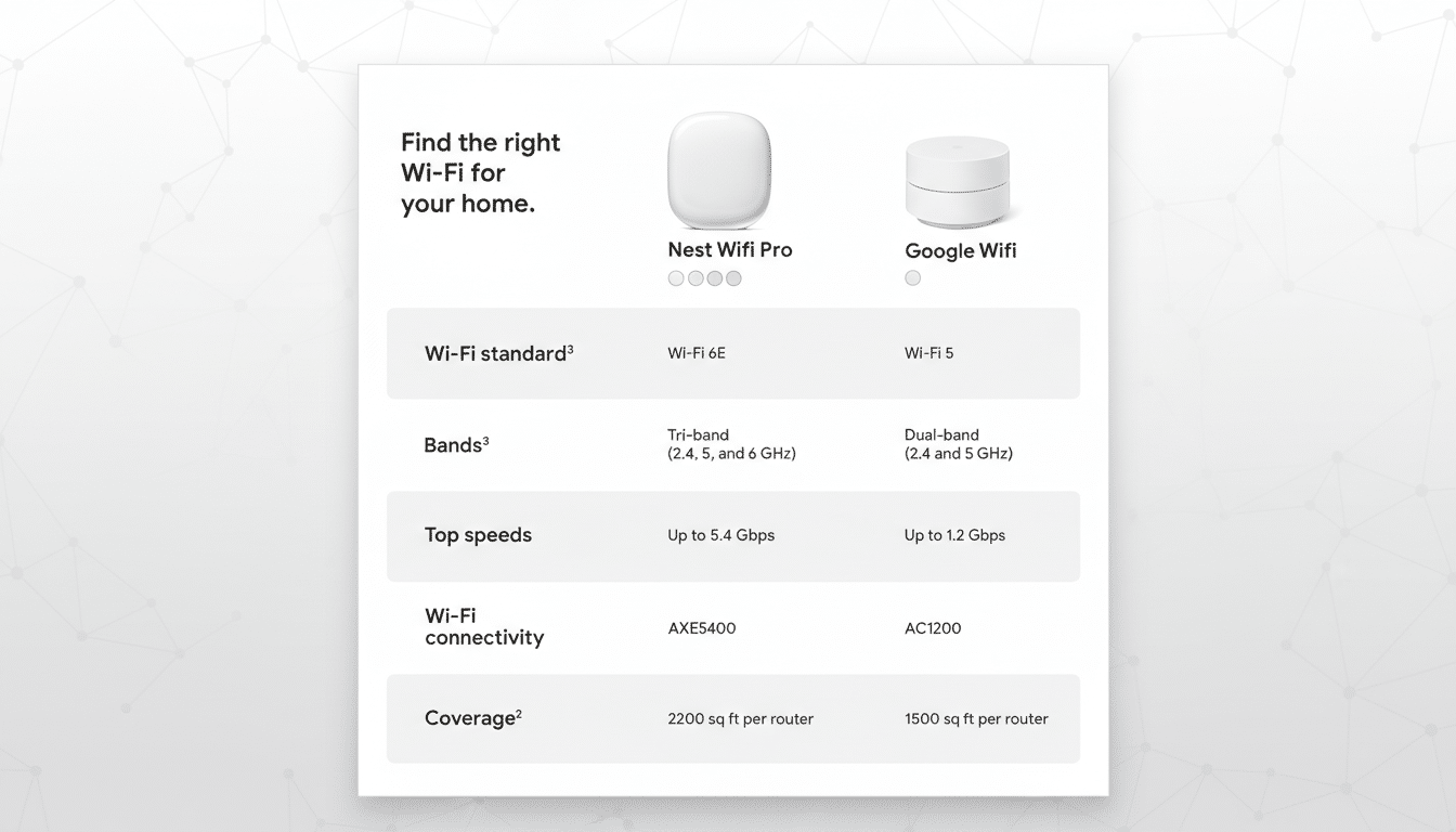 A comparison chart for Nest Wifi Pro and Google Wifi, showing features like Wi-Fi standard, bands, top speeds, Wi-Fi connectivity, and coverage. The background has been updated to a professional flat design with soft patterns.