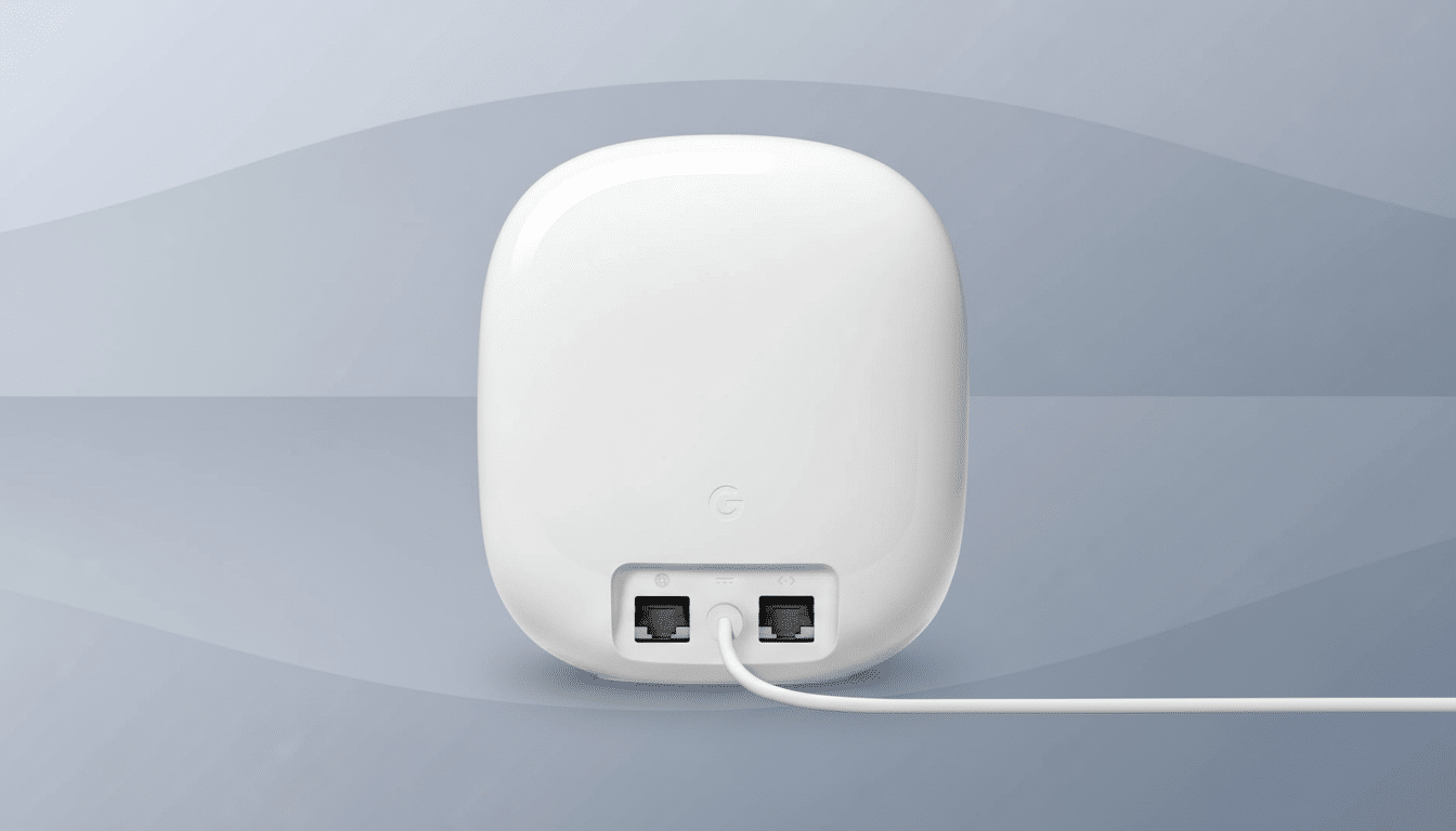 A white Google Nest Wifi router, viewed from the back, with two Ethernet ports and a power input, set against a professional flat design background with soft gray patterns and gradients.
