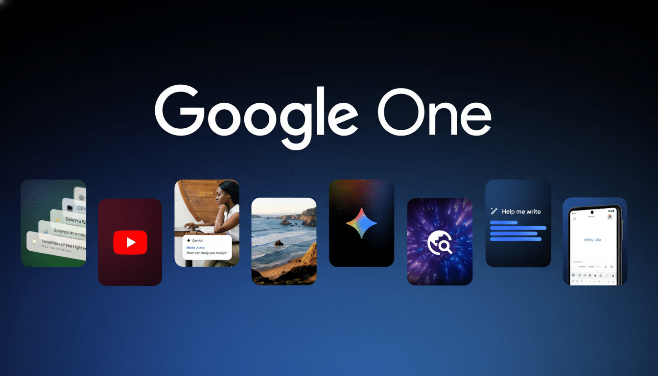 The Google One logo is displayed prominently at the top, with various Google app icons and interfaces arranged below it.