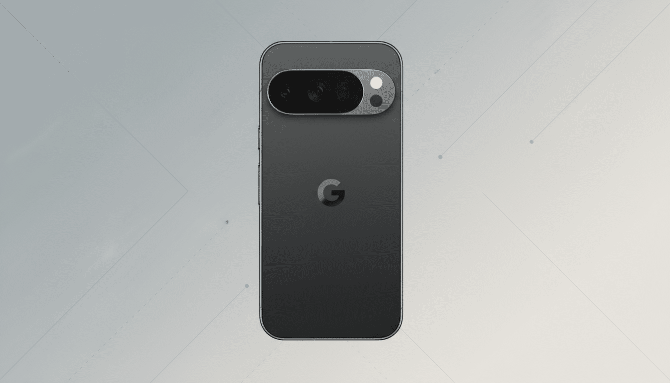 A dark gray Google Pixel 7 Pro smartphone is centered on a light gray background with subtle geometric patterns and soft gradients. The phones camera bar is prominent at the top, and the Google G logo is in the middle of the back.