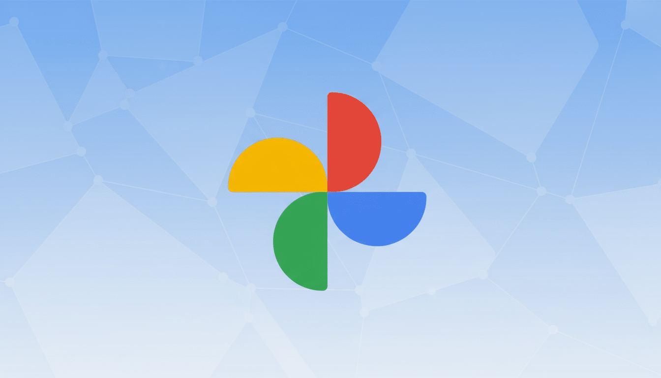 The Google Photos logo, a four-petal pinwheel in red, yellow, green, and blue, centered on a light blue background with a subtle geometric pattern.