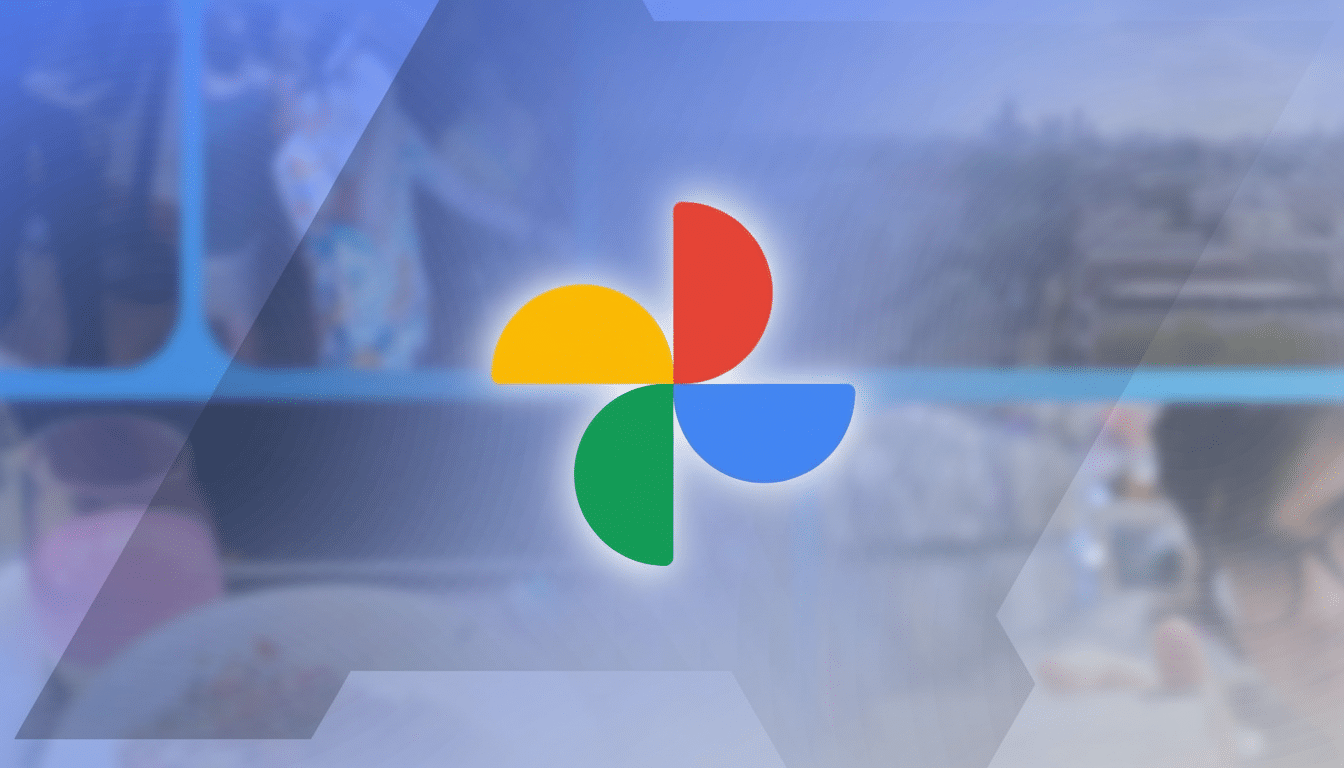 The Google Photos logo, a four-petal pinwheel in red, yellow, green, and blue, centered on a blurred background of people and a cityscape, resized to a 16:9 aspect ratio.