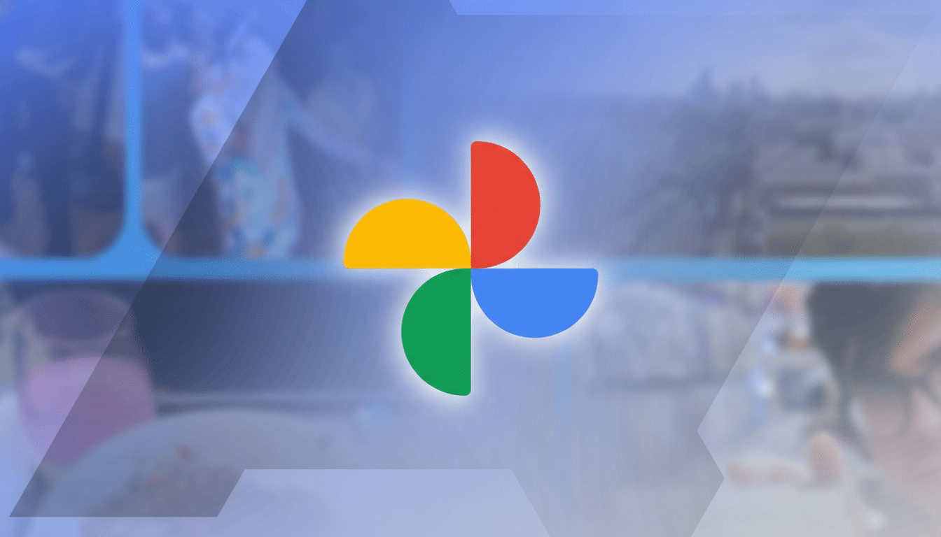 The Google Photos logo, composed of four colorful pinwheel-like shapes (red, yellow, green, and blue), centered against a blurred background of what appears to be an outdoor setting with people and buildings. The image has been resized to a 16:9 aspect ratio.