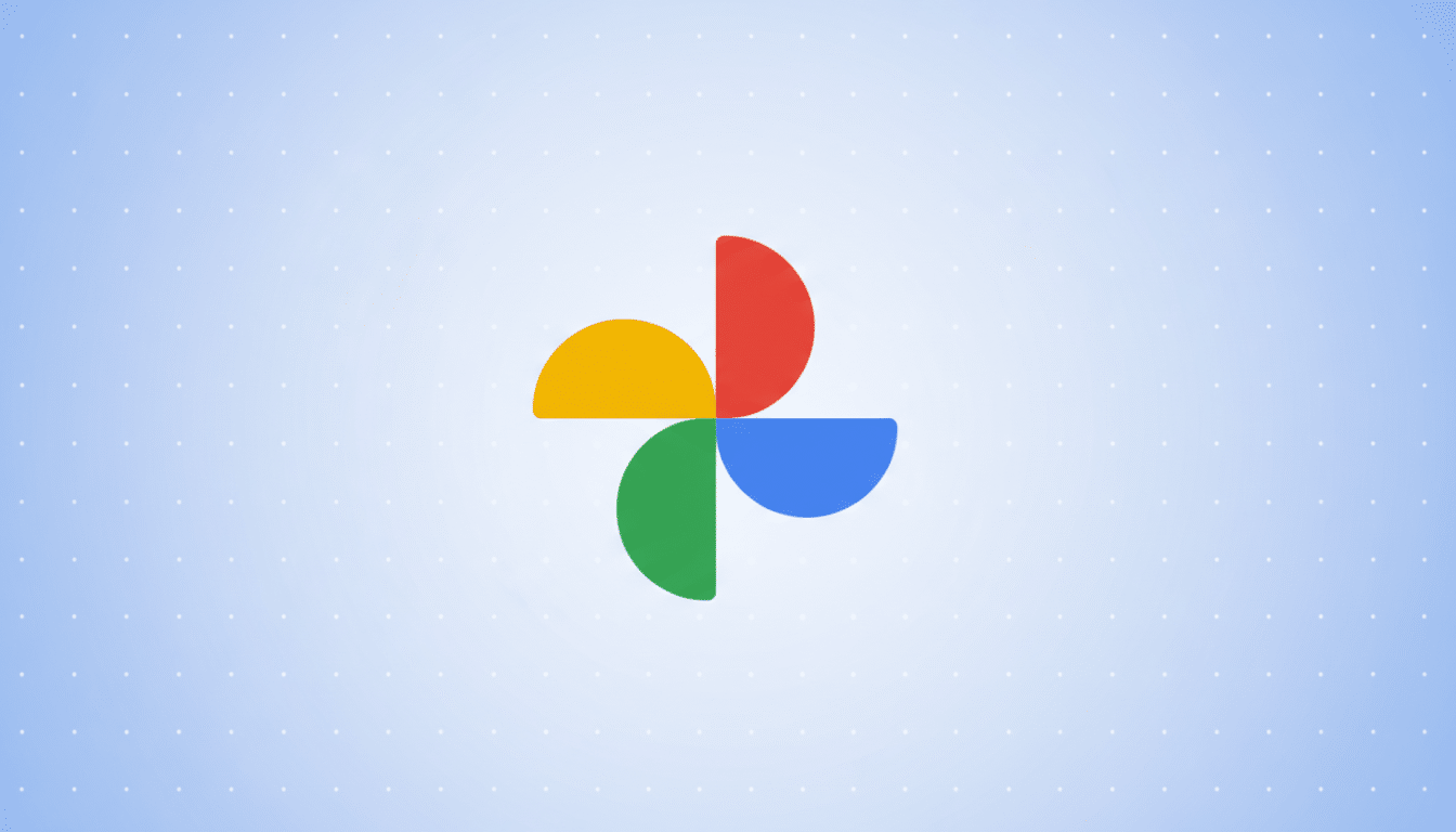 The Google Photos logo, a four-petal pinwheel in red, yellow, green, and blue, centered on a light blue background with a subtle white dot pattern.