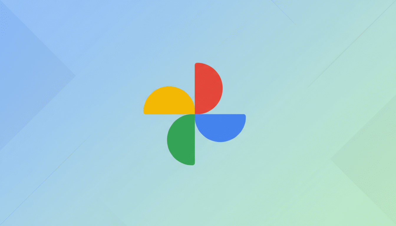 The Google Photos logo, composed of four colorful, semicircular shapes (red, yellow, green, and blue) arranged in a pinwheel pattern, centered on a professional flat design background with a soft blue-green gradient and subtle geometric patterns.