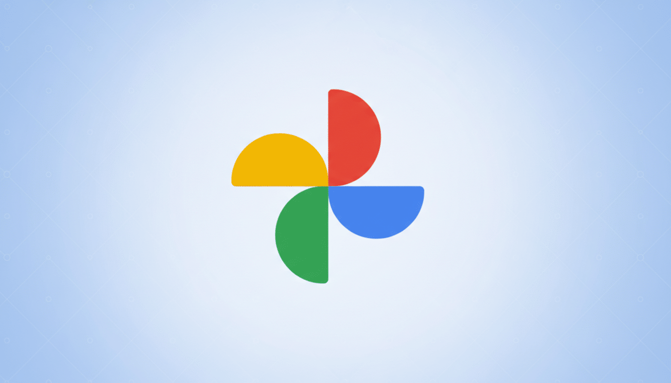 The Google Photos logo, a four-petal pinwheel in red, yellow, green, and blue, centered on a light blue background with a subtle, repeating circular pattern.