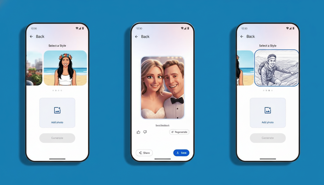 Three smartphones displaying an app interface for selecting image styles. The left phone shows a woman with a flower crown, the middle phone shows a cartoon couple, and the right phone shows a man climbing a mountain in a sketch style.