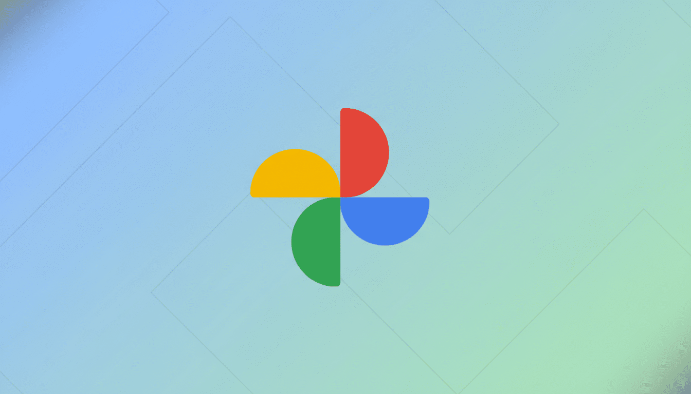 The Google Photos logo, composed of four colorful, semicircular shapes (yellow, red, blue, green) arranged in a pinwheel pattern, centered on a professional flat design background with soft blue and green gradients and subtle geometric patterns.