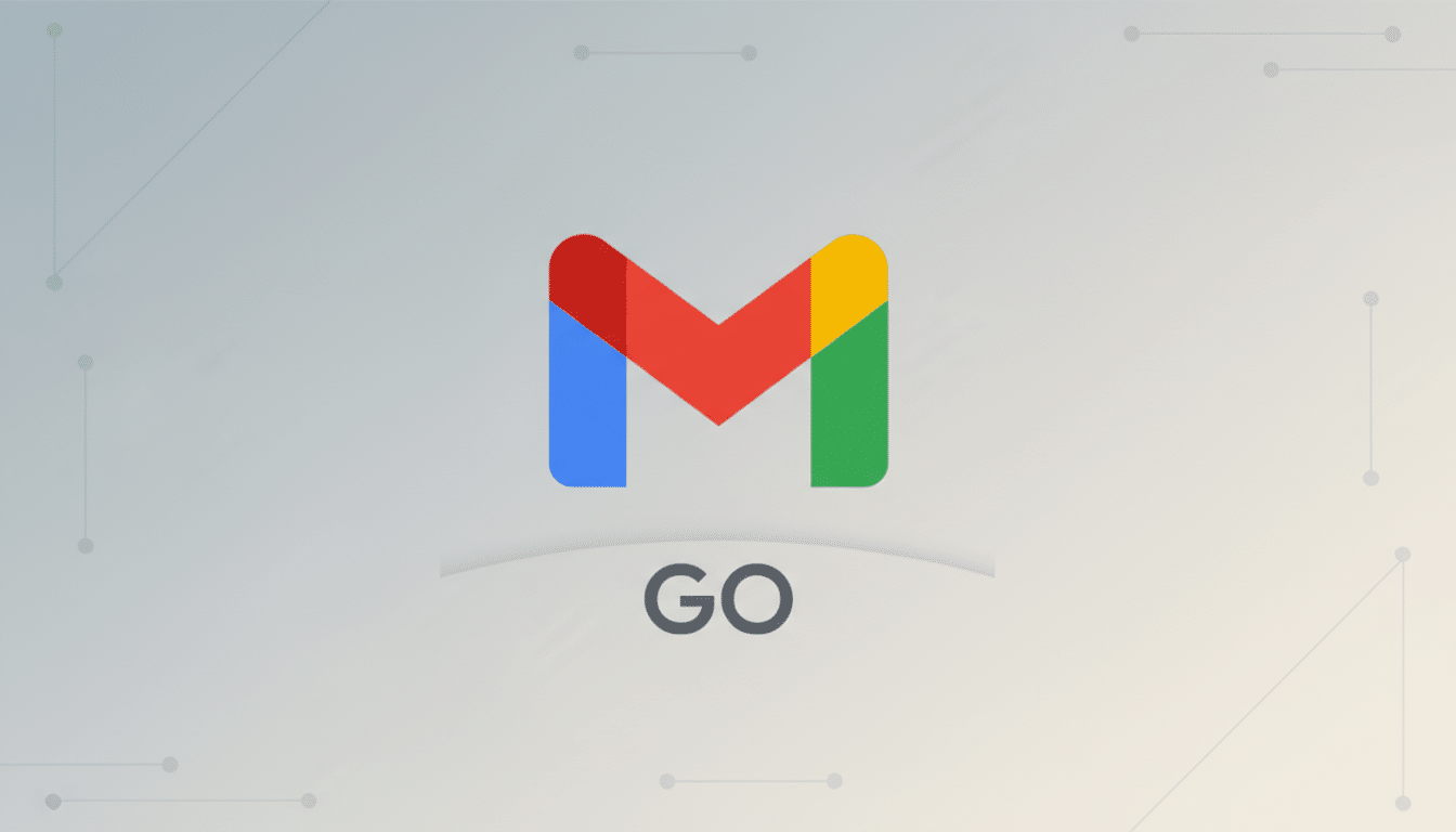 The Gmail Go logo, featuring a stylized, colorful M icon, centered on a professional light gray background with subtle geometric patterns.