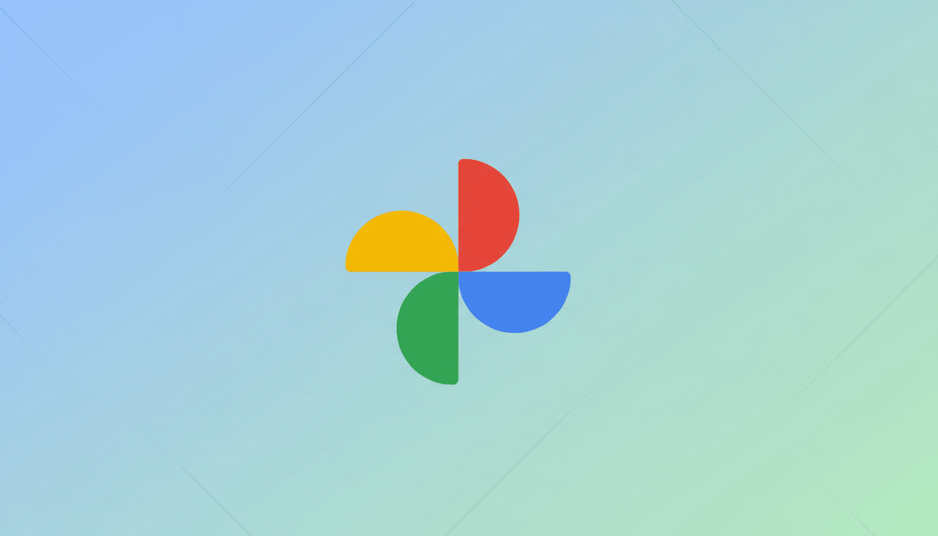 The Google Photos logo, consisting of four colorful, semicircular shapes (red, yellow, green, and blue) arranged in a pinwheel pattern, centered on a professional flat design background with a soft blue-green gradient and subtle diagonal line patterns.