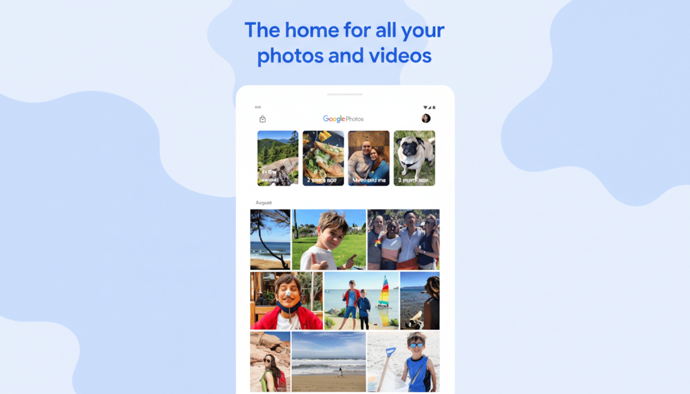 A screenshot of the Google Photos app interface, displaying a grid of various personal photos and videos. The app is open on a mobile device screen, with the text The home for all your photos and videos above it. The background is a light blue with soft, cloud-like patterns.