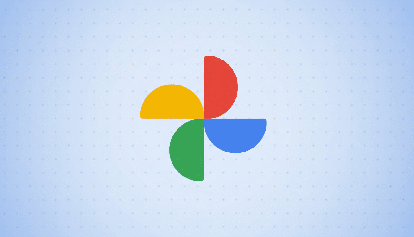 The Google Photos logo, a four-color pinwheel design, centered on a light blue background with a subtle grid pattern.