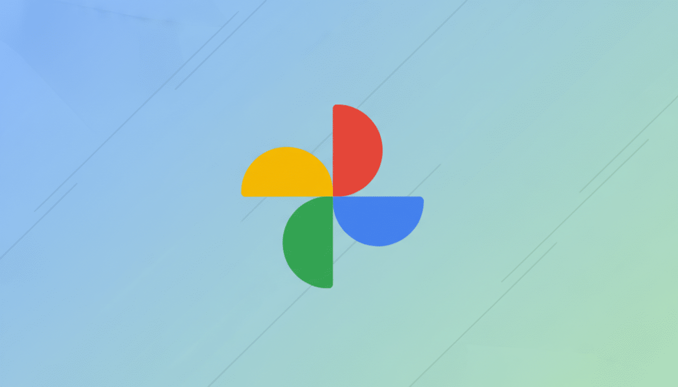 The Google Photos logo, consisting of four colorful, pinwheel-like shapes (red, yellow, green, and blue), centered on a professional flat design background with a soft blue-green gradient and subtle diagonal line patterns.