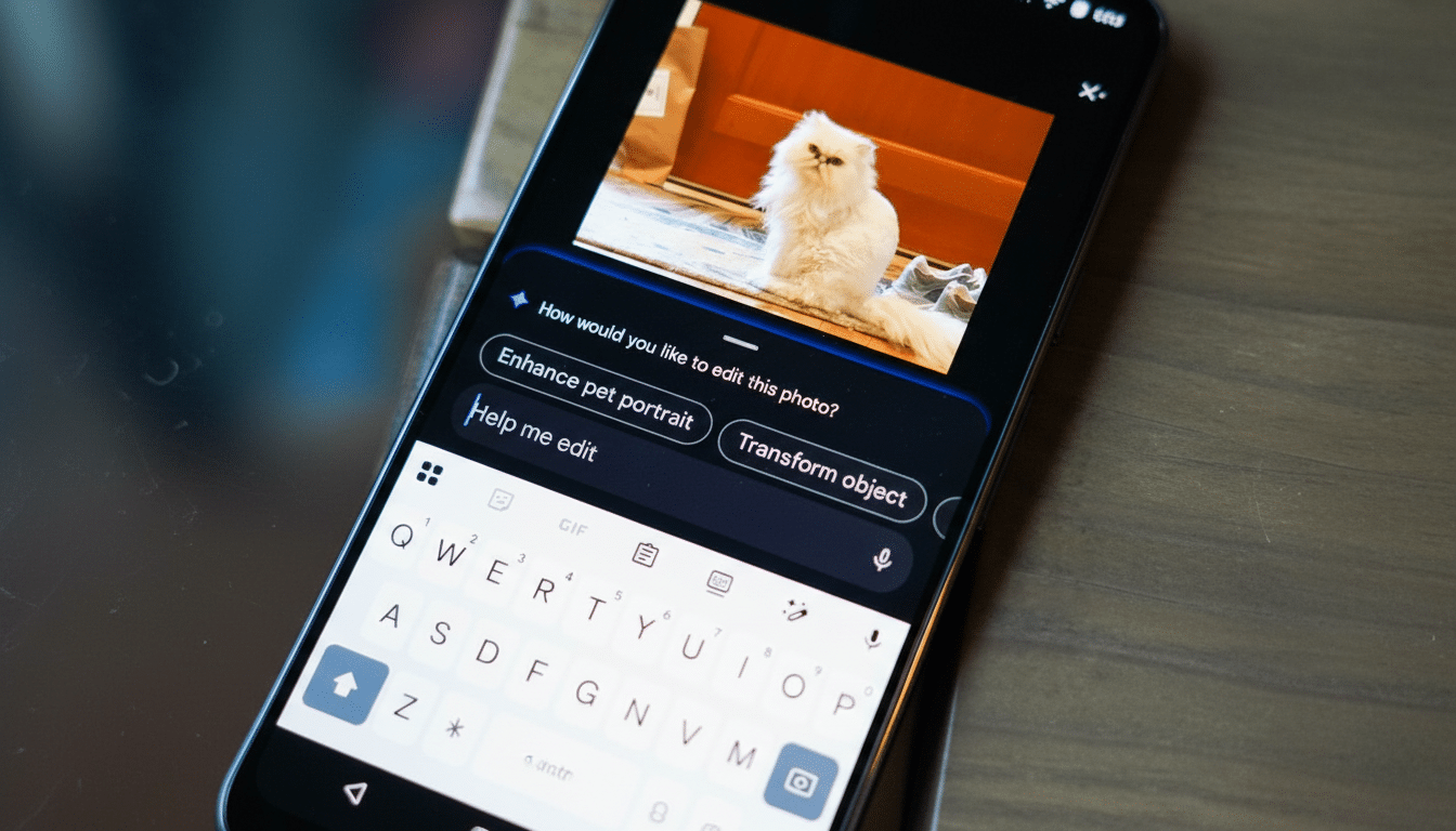 A smartphone displaying an image of a white fluffy cat and editing options.