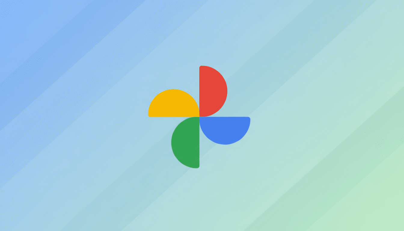 The Google Photos logo, composed of four colorful, rounded quadrants (red, yellow, green, and blue), centered on a professional 16:9 background with a soft blue-green gradient and subtle diagonal line patterns.