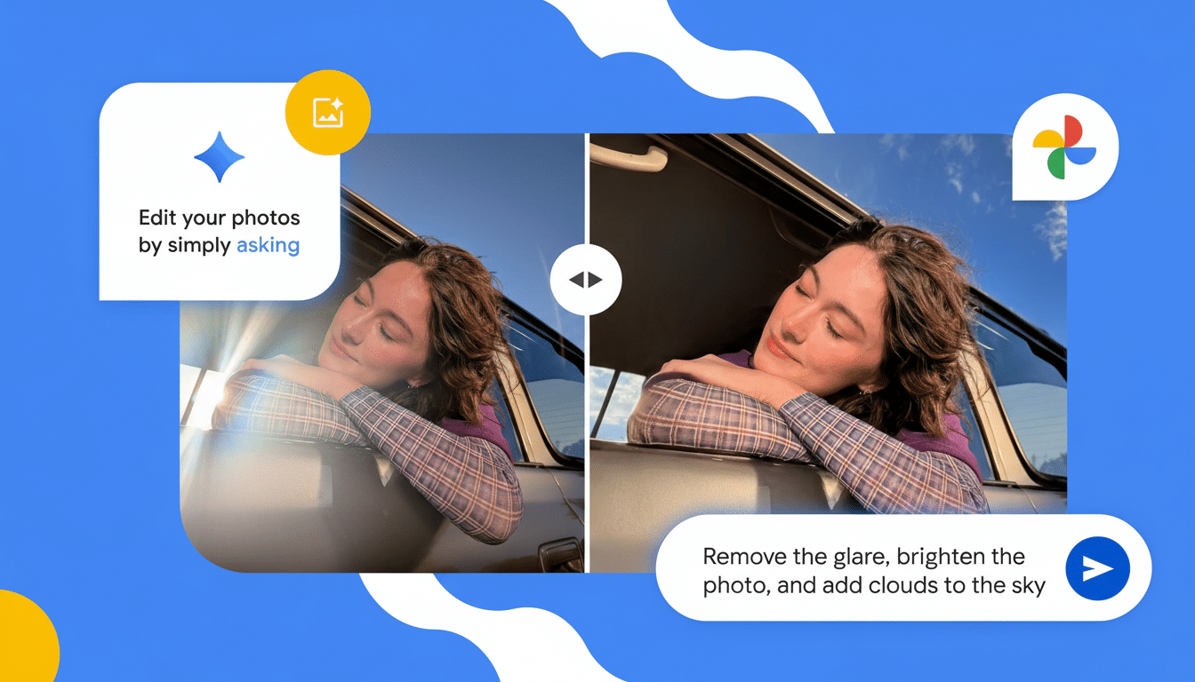 A woman with her eyes closed, leaning out of a car window, with a bright sun flare on the left side of the image. The image is split into two, showing a before and after of photo editing, with the after image having reduced glare and brighter colors.