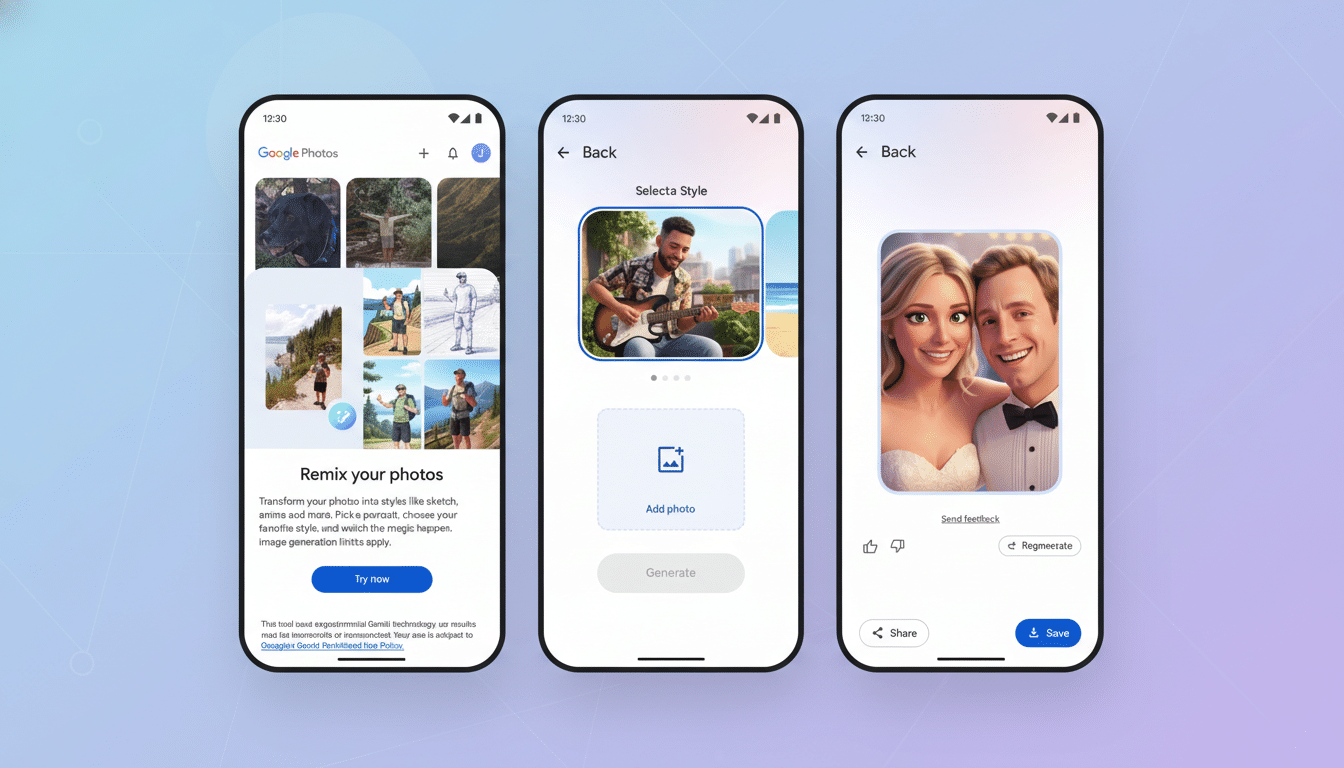 A 16:9 aspect ratio image showing three smartphone screens displaying the Google Photos Remix your photos feature. The first screen shows a gallery view, the second shows style selection with a man playing guitar, and the third shows a cartoon couple generated by the feature. The background is a professional flat design with soft patterns and gradients.