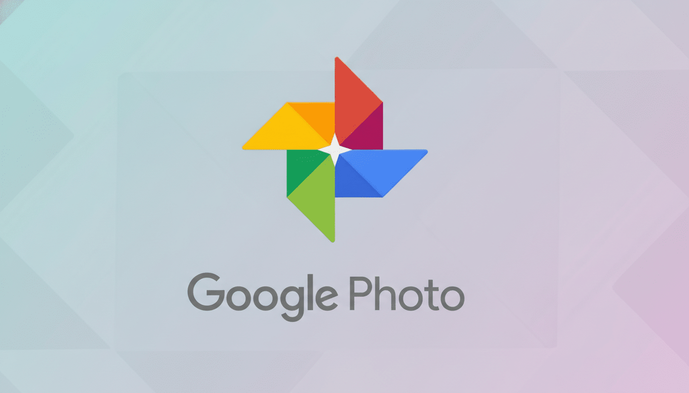 The Google Photos logo, featuring a colorful pinwheel design in red, yellow, green, and blue, with the words Google Photo in gray text below it, set against a professional flat design background with soft patterns and gradients.