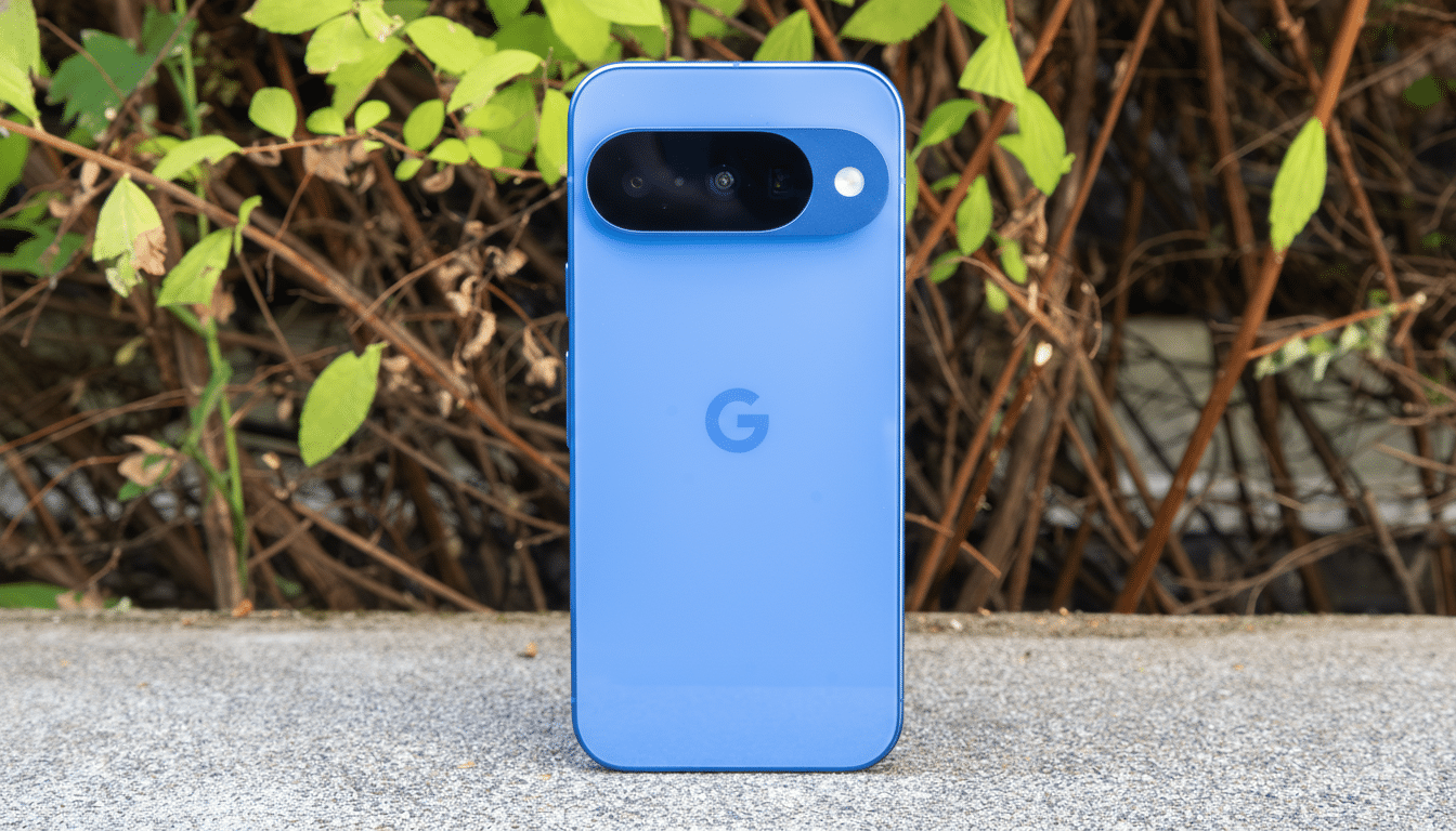 A blue Google Pixel phone standing upright on a concrete surface with a background of green leaves and brown branches.