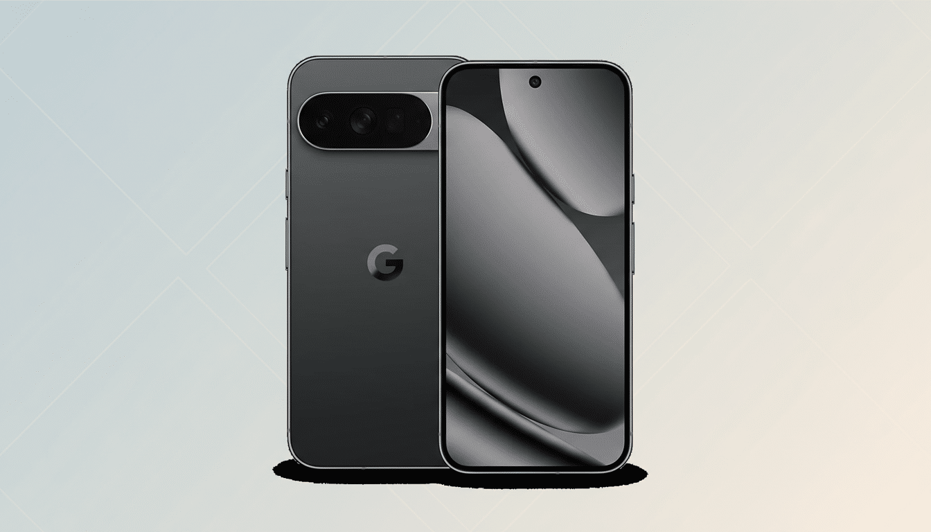 A dark gray smartphone, possibly a Google Pixel, is shown from the front and back, set against a professional flat design background with soft patterns and gradients.