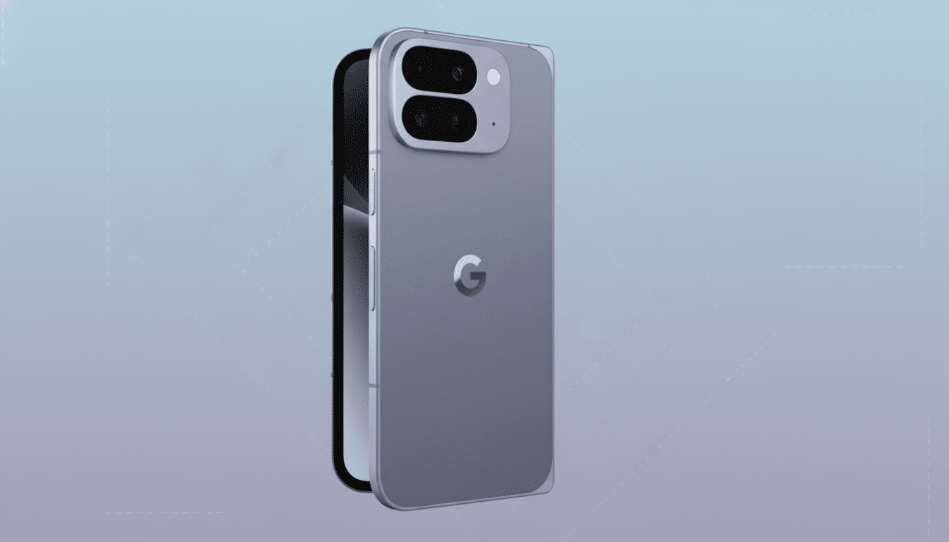 A sleek, silver smartphone with a prominent camera module and a Google G logo on the back, presented against a professional flat design background with soft blue gradients and subtle geometric patterns.