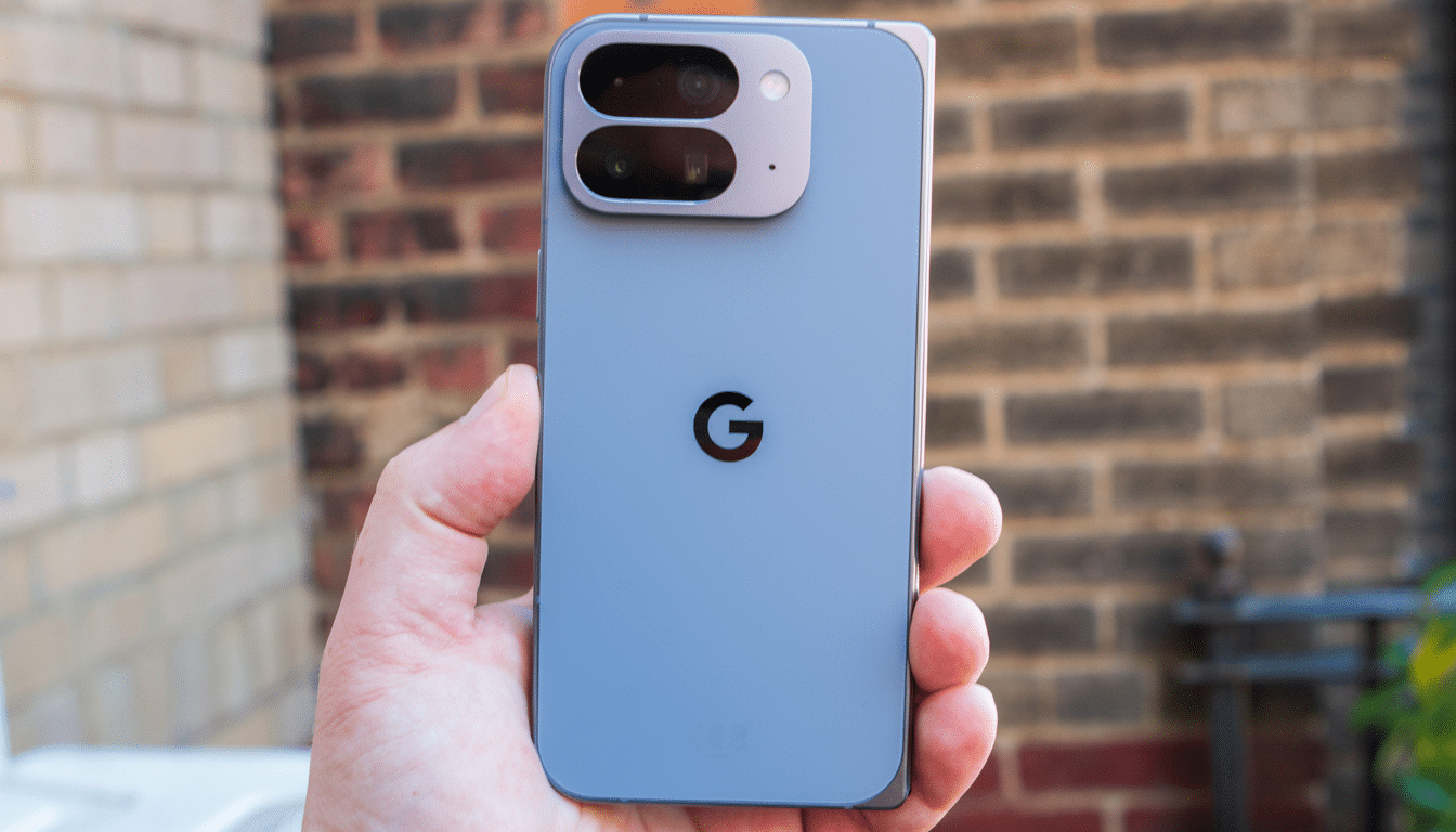 A hand holding a light blue smartphone with a prominent G logo on the back and a dual-camera setup at the top, against a blurred brick wall background.