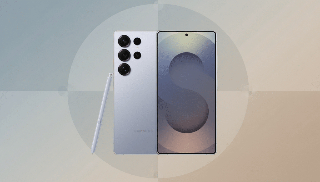 A light purple Samsung smartphone with its S Pen stylus, presented on a professional flat design background with soft blue and beige gradients and subtle circular patterns.