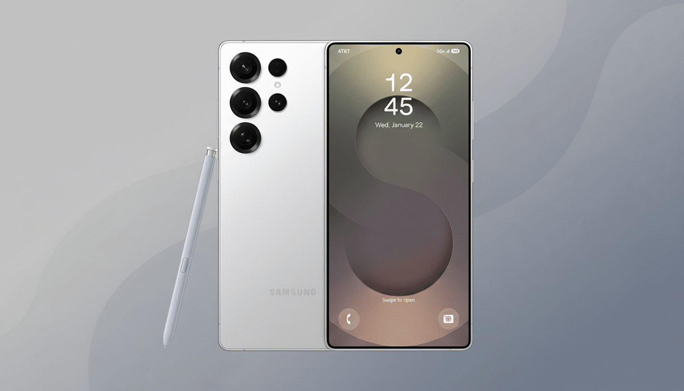 A white Samsung smartphone with a stylus, presented on a professional flat design background with soft gray gradients.