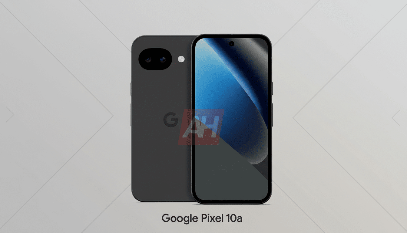 A professional, enhanced image of the Google Pixel 10a, resized to a 16:9 aspect ratio, featuring a flat gray background with subtle gradients. The front and back of the dark gray smartphone are displayed, with the Google logo visible on the back.