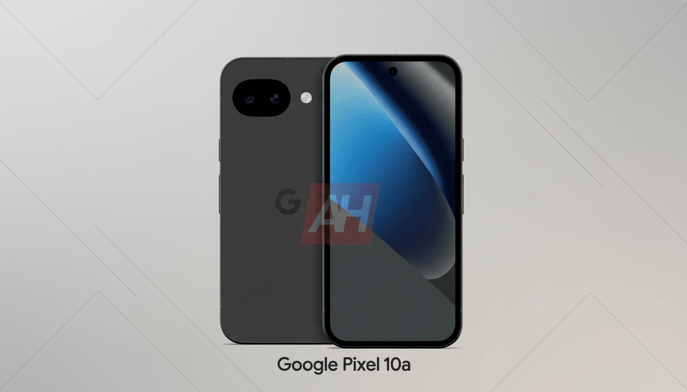 A professional, enhanced image of the Google Pixel 10a smartphone, presented in a 16:9 aspect ratio with a clean, soft gray background featuring subtle geometric patterns. The front and back of the dark gray phone are visible, with the front displaying a dark screen with a blue and black abstract wallpaper. The GAH watermark is still present on the back of the phone.