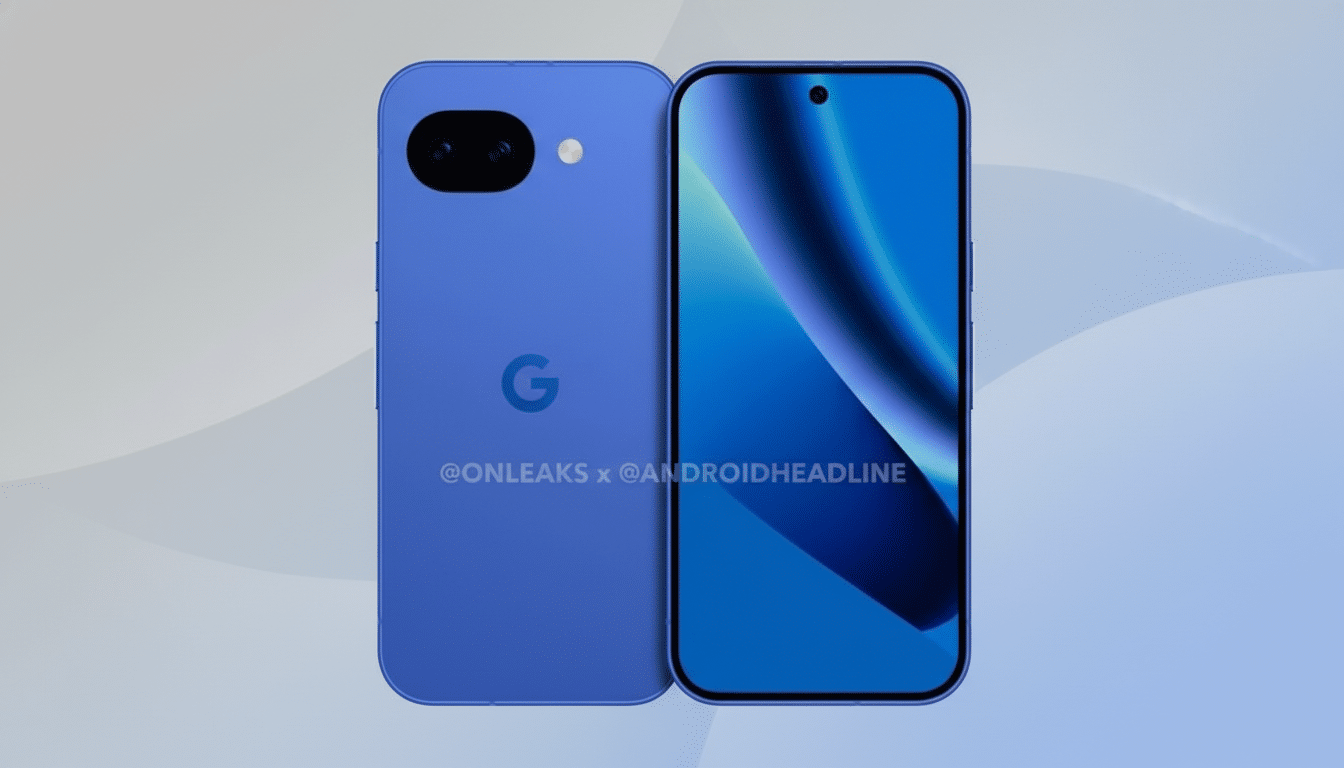 A blue smartphone, possibly a Google Pixel, is shown from the front and back on a light blue background with subtle wave patterns.