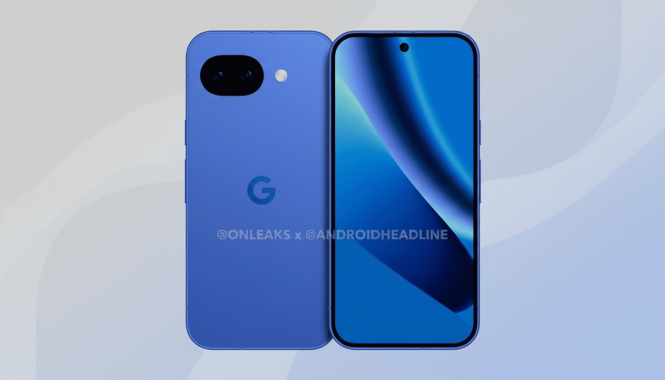A blue smartphone, possibly a Google Pixel, shown from the front and back, with a professional flat design background.