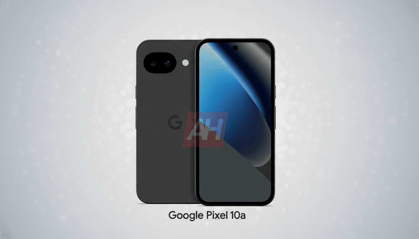 A professional 16:9 aspect ratio image of a dark gray Google Pixel 10a smartphone, showing both the front and back, against a subtle gray background with soft patterns.