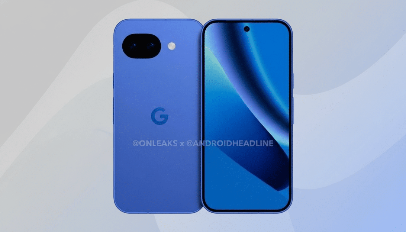 A blue smartphone, possibly a Google Pixel, is shown from the front and back on a professional flat design background with soft patterns and gradients.
