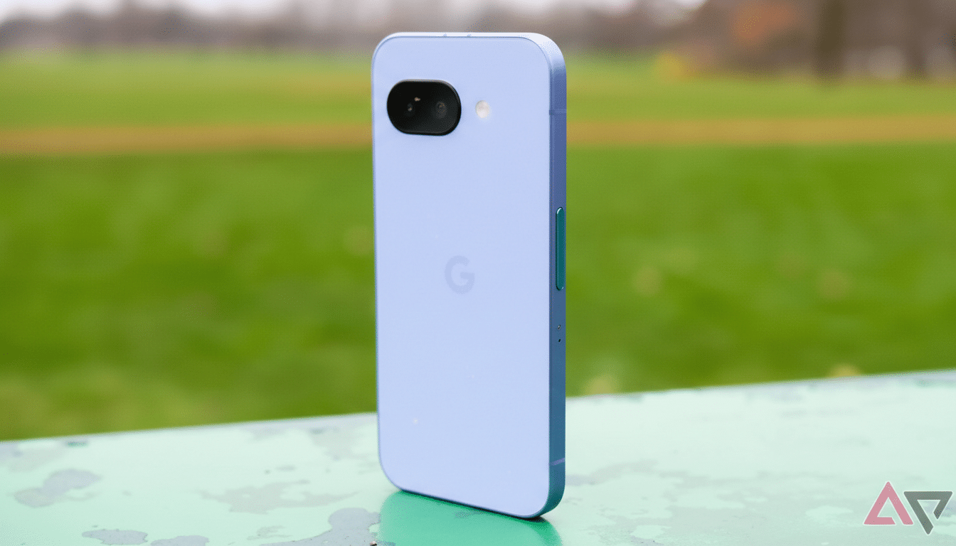 A light purple smartphone with a Google logo on the back, standing upright on a green surface with a blurred green field in the background.