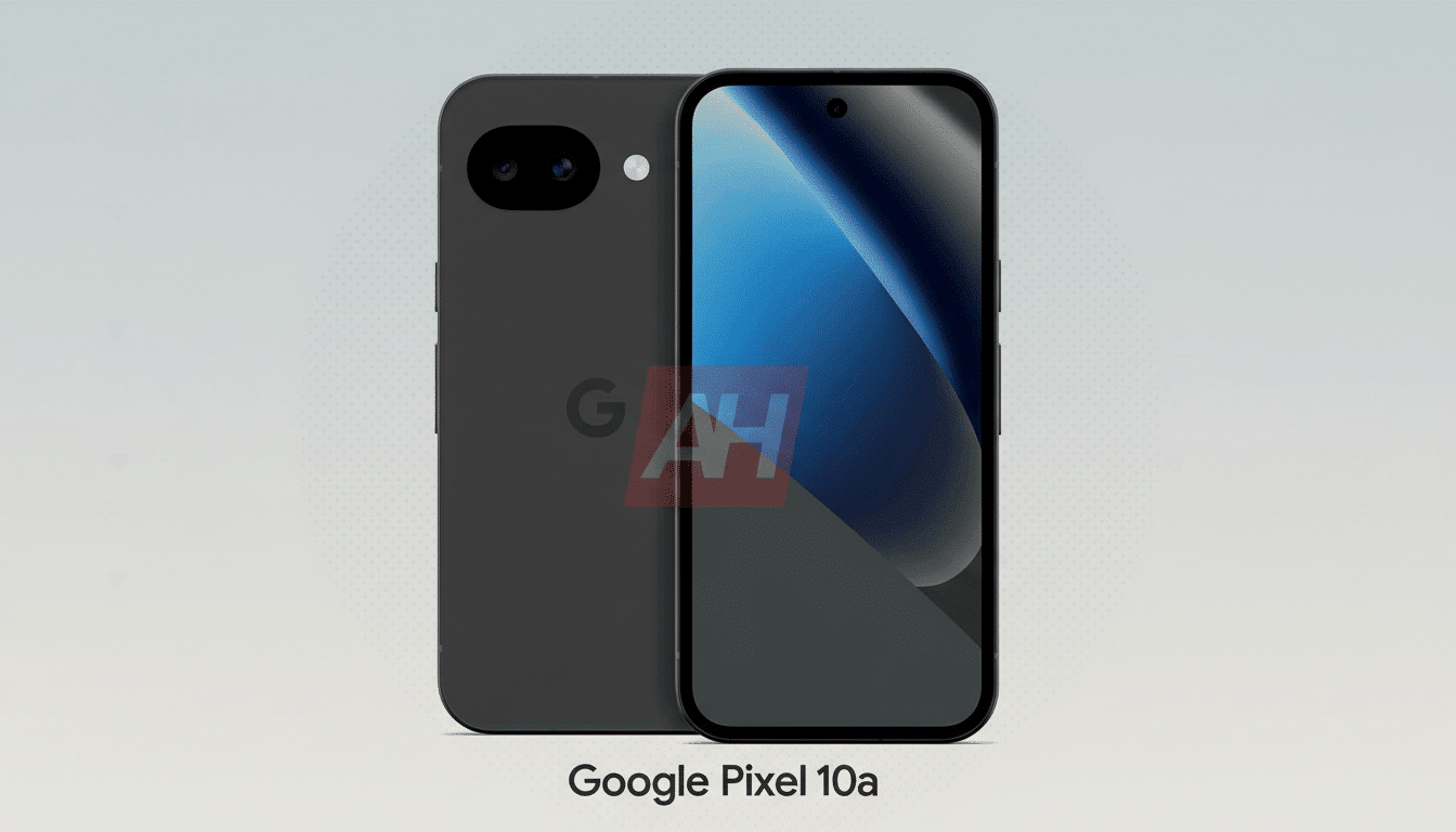 A professional, enhanced image of a dark grey Google Pixel 10a smartphone, shown from the front and back, against a subtle grey gradient background.