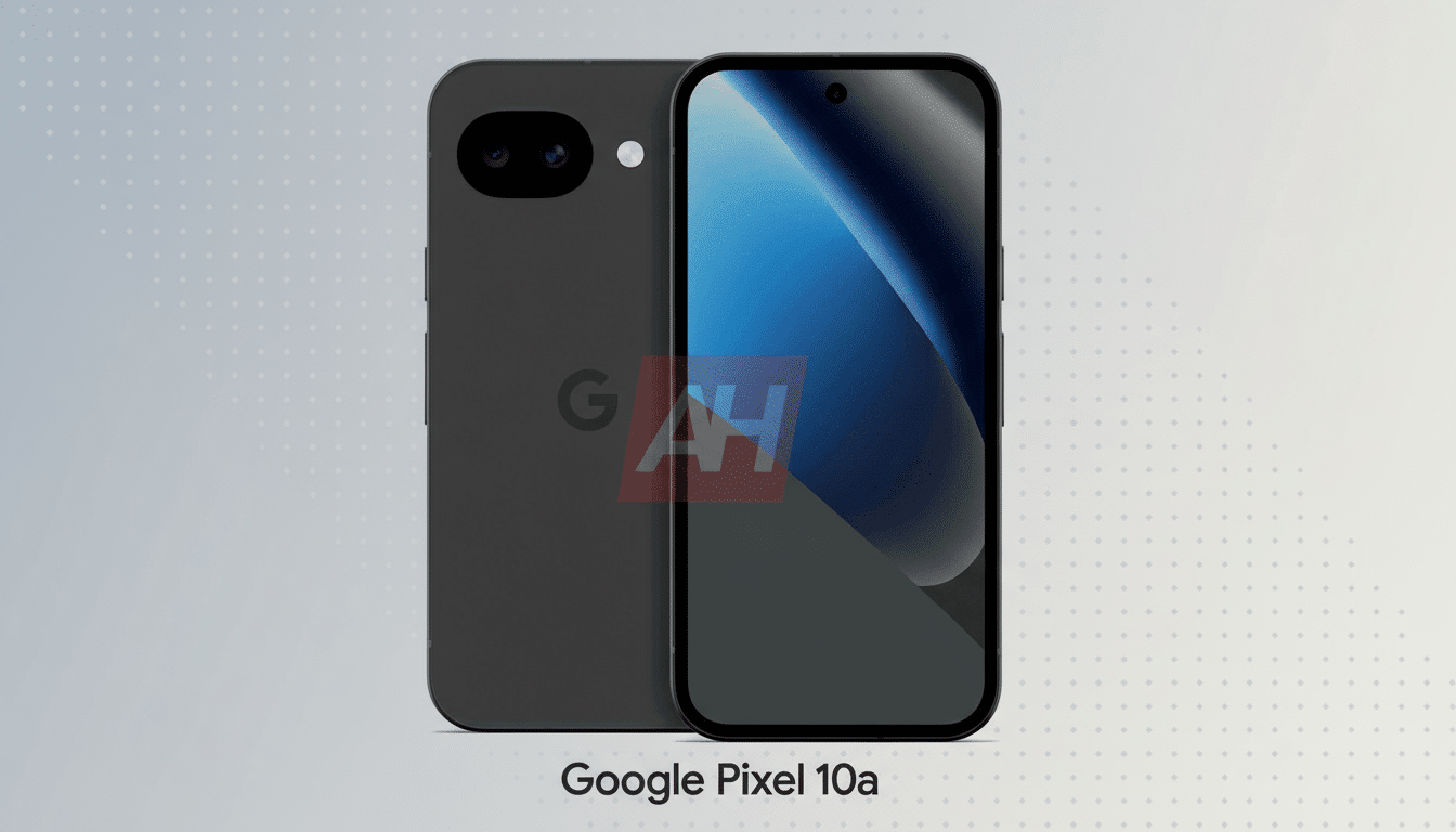 A 16:9 aspect ratio image of a dark gray Google Pixel 10a smartphone, showing both the front and back, against a professional light gray background with a subtle dot pattern.