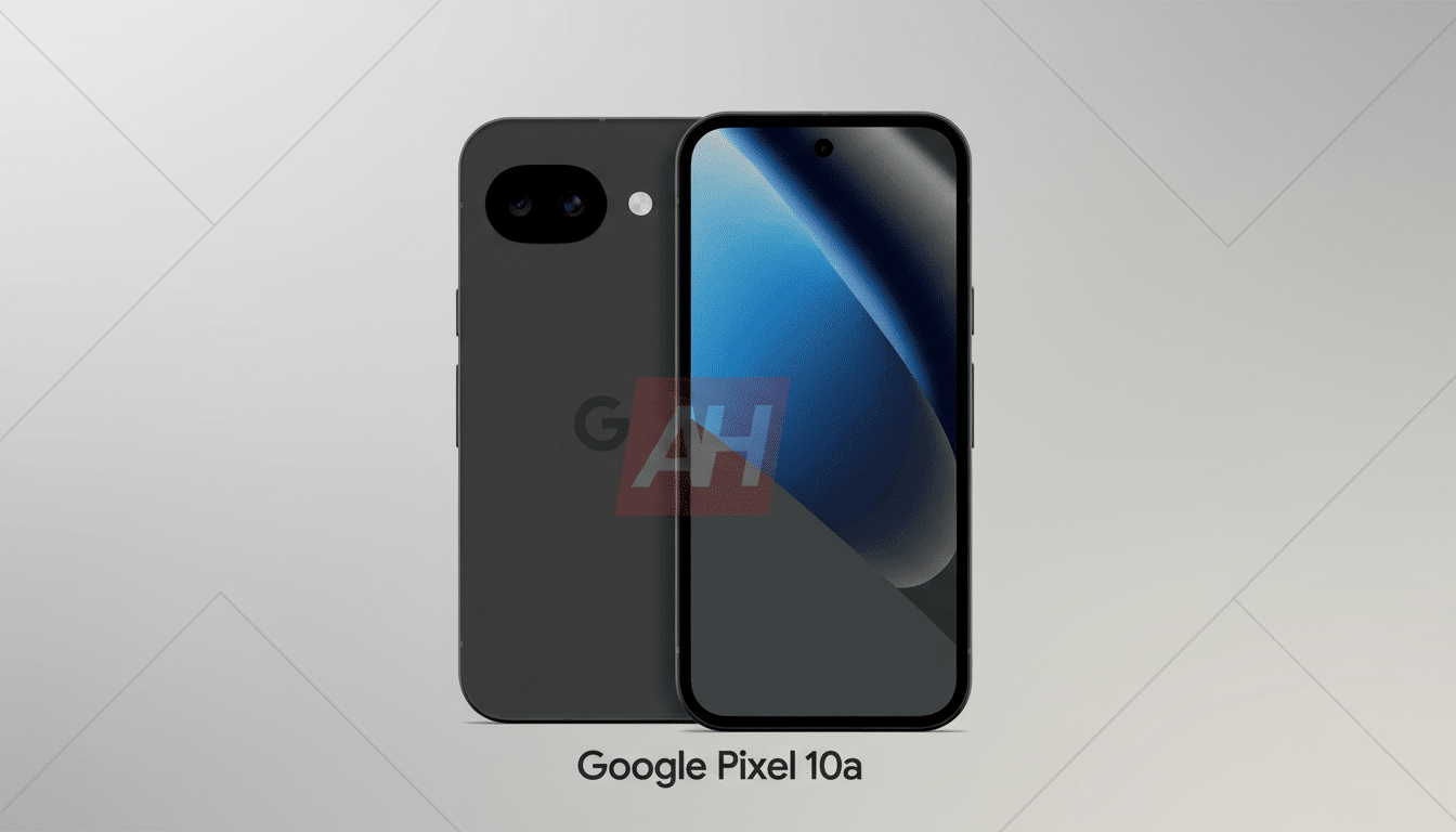 A professional, enhanced image of a Google Pixel 10a smartphone, presented in a 16:9 aspect ratio with a clean, soft gradient background. The phone is dark gray, with the front screen displaying a blue and gray abstract wallpaper, and the back showing a dual-camera setup and the Google logo. The text Google Pixel 10a is centered below the phone.