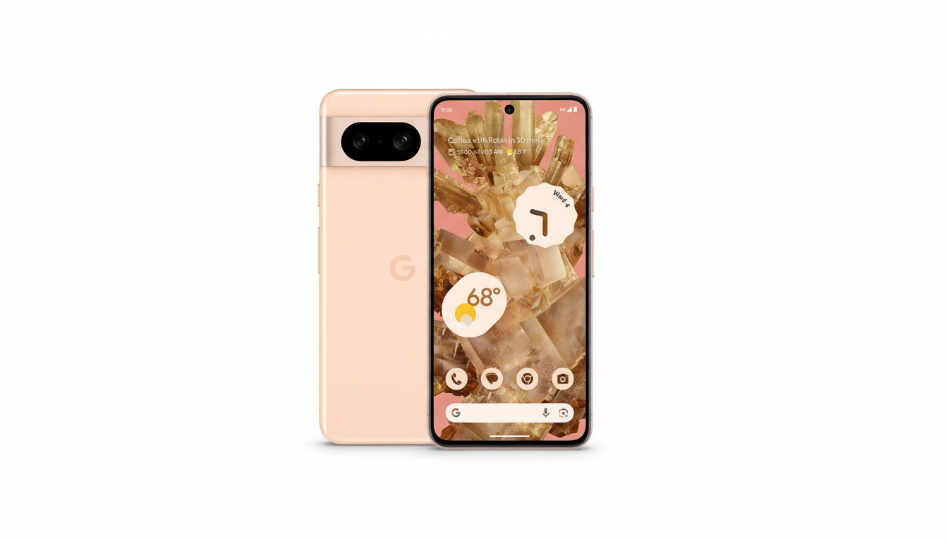 A Google Pixel 7 Pro smartphone in a light peach color, shown from the front and back, against a clean white background.