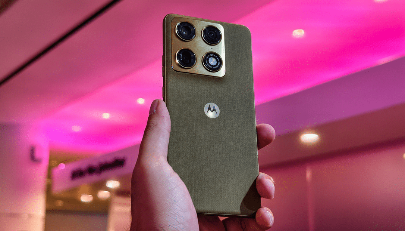 A hand holding a Motorola smartphone with a large camera module on the back, set against a blurred pink and purple background.