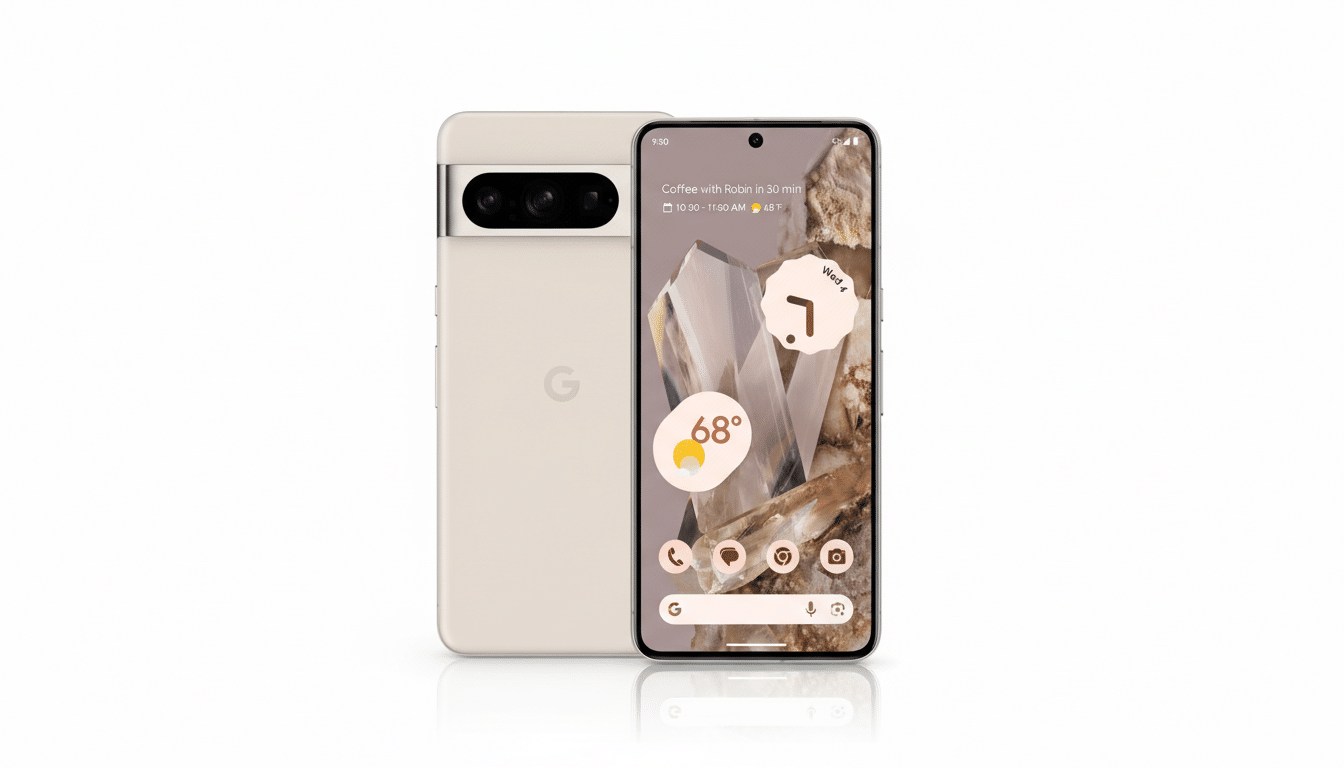A Google Pixel 7 Pro smartphone in a light beige color, shown from the front and back, against a clean white background. The front screen displays a home screen with a crystal-like wallpaper, weather widget, and app icons.