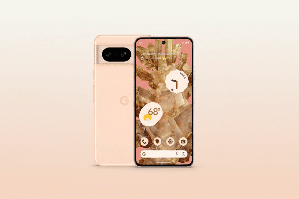 A Google Pixel 7 smartphone in a light peach color, shown from the front and back, against a soft peach and white gradient background.