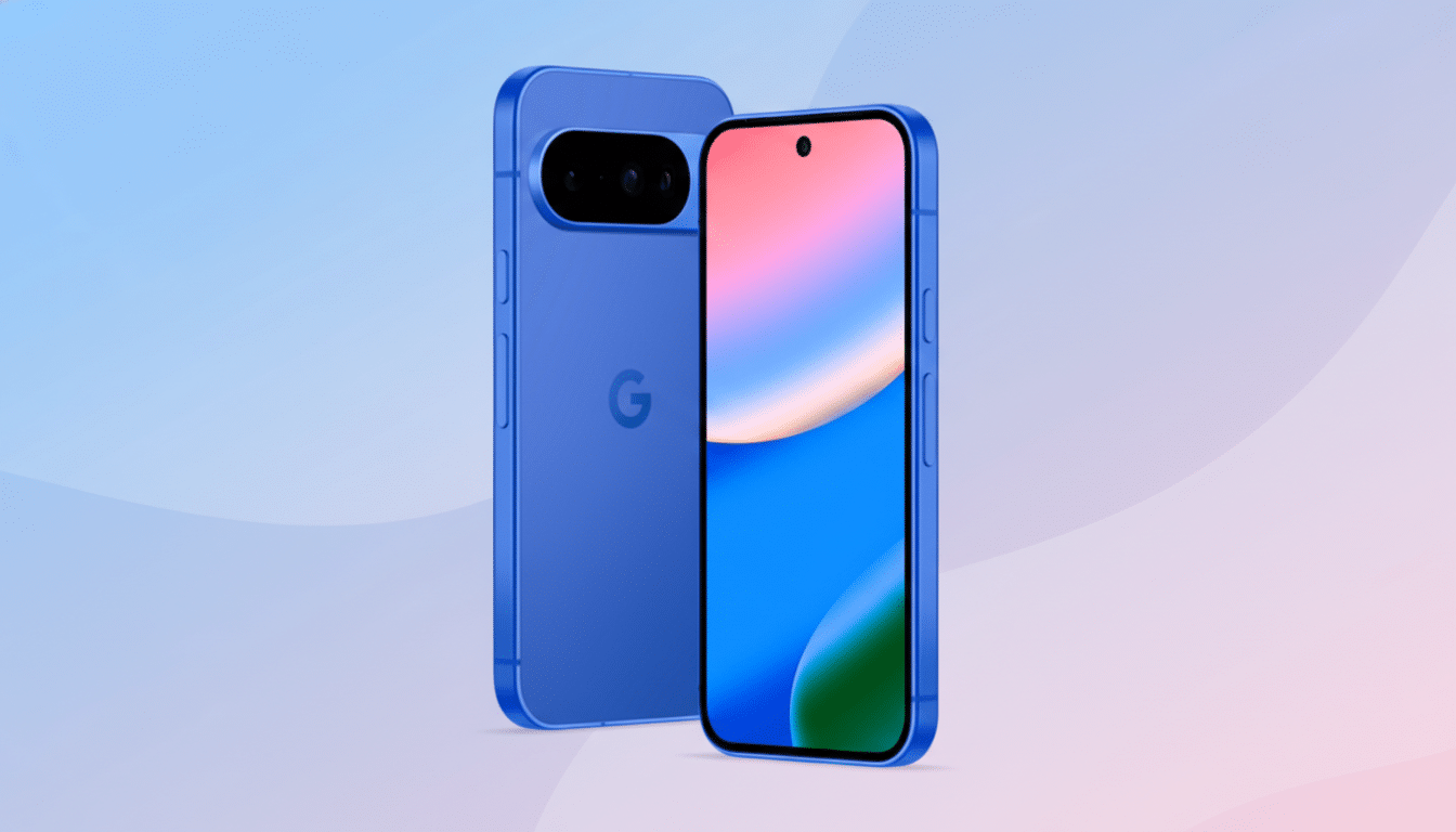 A blue smartphone with a Google logo on the back and a colorful screen on the front, presented against a soft blue and pink gradient background.