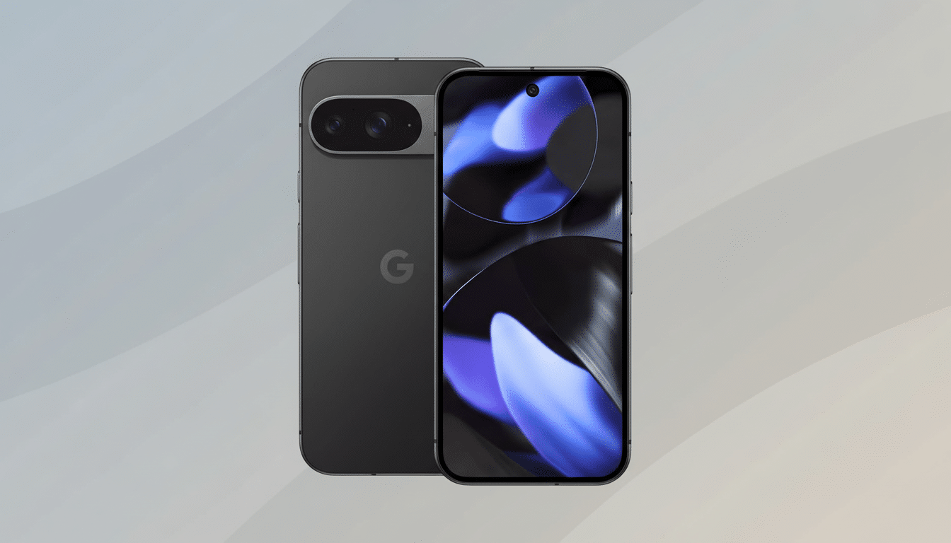 A dark gray smartphone with a Google logo on the back, and a screen displaying abstract purple and blue shapes, set against a professional flat design background with soft patterns and gradients.