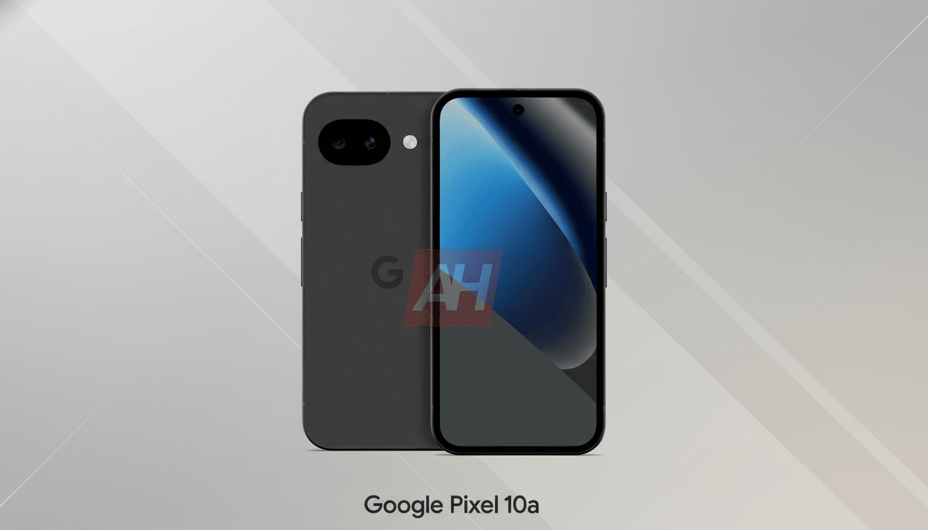 A 16:9 aspect ratio image of a dark gray Google Pixel 10a smartphone, showing both the front and back, against a professional flat design background with soft patterns and gradients.