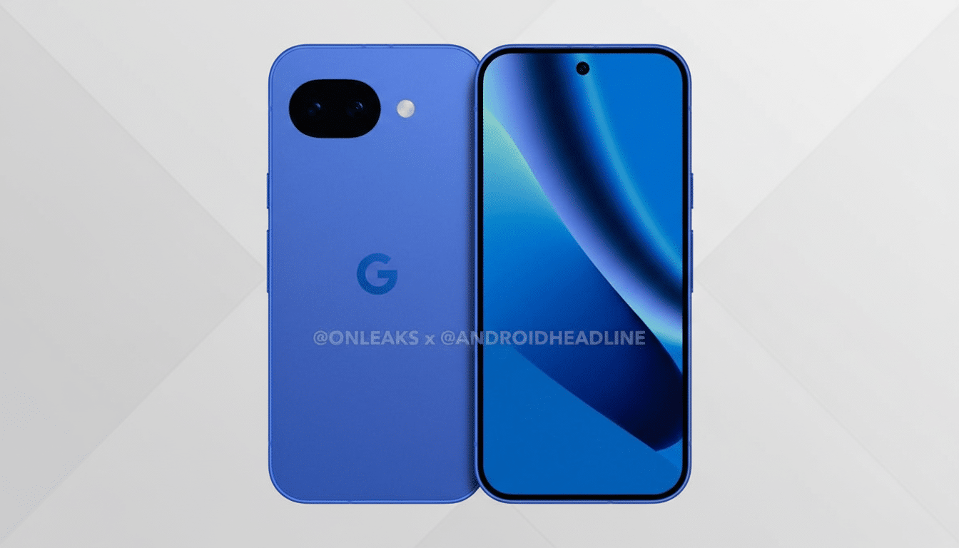 A blue smartphone, possibly a Google Pixel, is shown from the front and back on a professional flat design background with soft patterns.